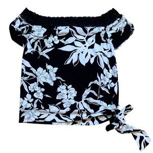 Y2K Charlotte Russe Black‎ & White Floral Top With Lace Trim & Side Tie Detail
